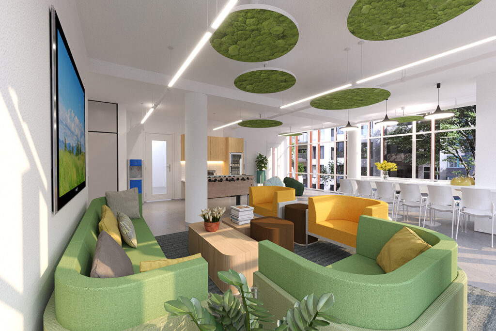 Adult lounge, green and yellow soft, plush chairs