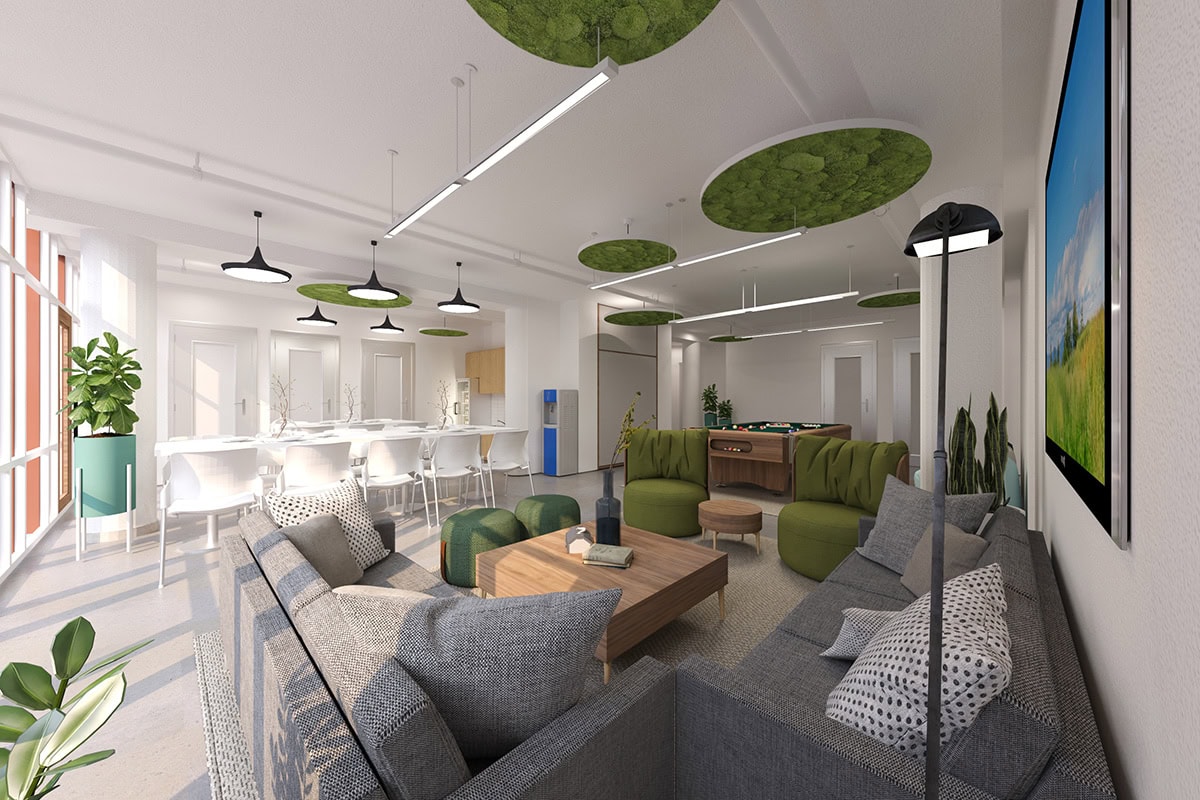 Adult ounge area, gray couches in this side of the room.